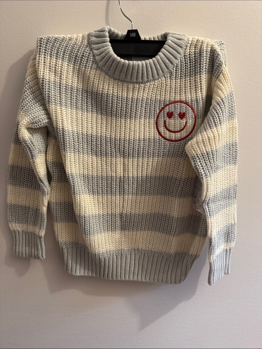 Crewneck Striped Gray & Cream Sweater with Red Smiley Patch